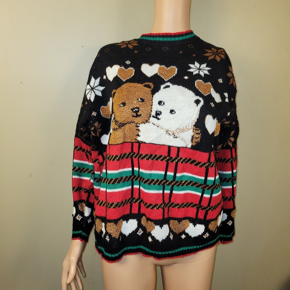 Vtg‎ Adele Knitwear Bear Hearts Snowflakes Ugly Christmas Sweater 80s Acrylic L
